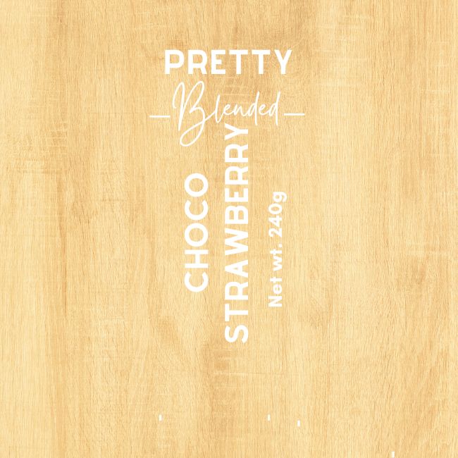 Candle label with 'Pretty Blended' chocolate strawberry packaging label.