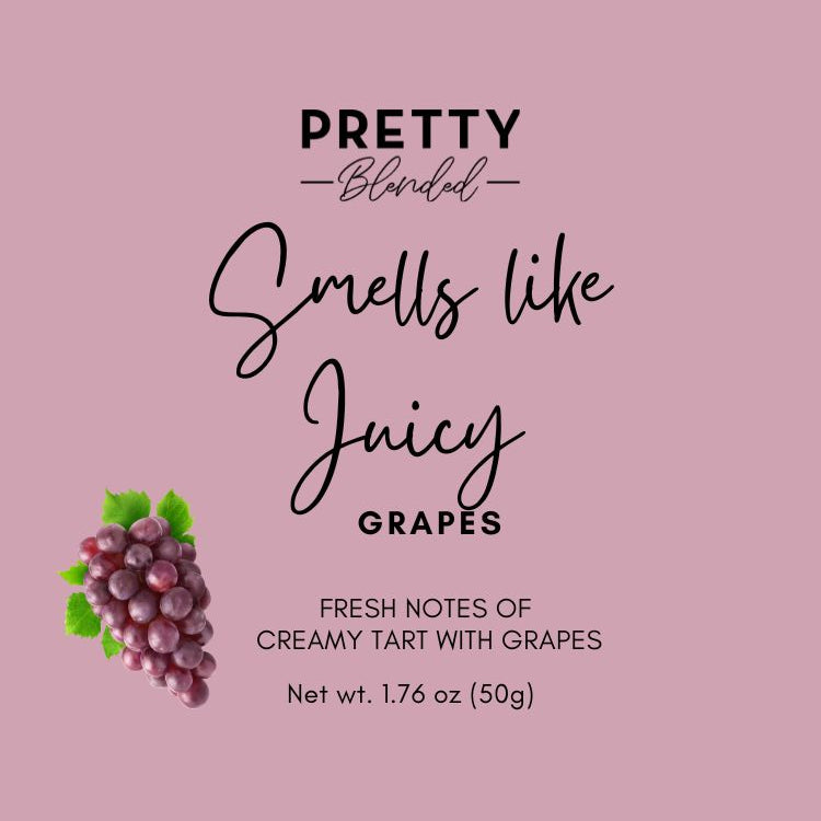 Soy wax melts label with text 'Pretty Blended Smells like Juicy Grapes' on a pink background