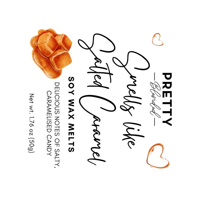 Soy wax melts packaging with salted caramel flavor description and brand name.