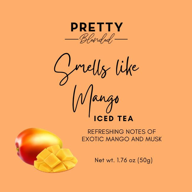 Label for 'Pretty Blended' mango iced tea soy wax melts with a mango and tea bag on an orange background.