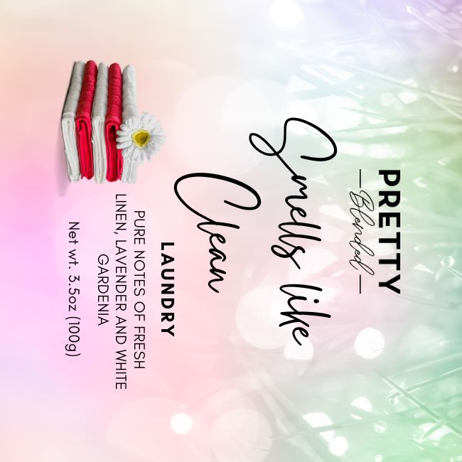 Soy wax melts packaging with text 'Pretty Blended' and 'Smells like Clean Laundry', featuring a flower and soap bars on a colorful background.