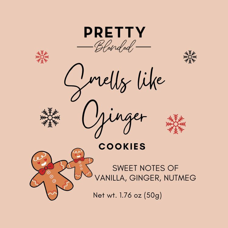 Label for soy wax melts with gingerbread men illustrations and text on a beige background