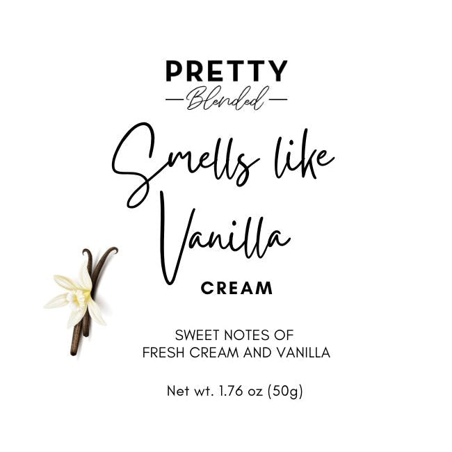 Vanilla-themed soy wax melts label with vanilla flower and vanilla bean on a white background