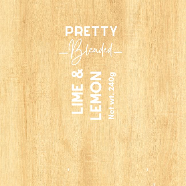 Label for a candle with 'Pretty Blended Lime & Lemon' text