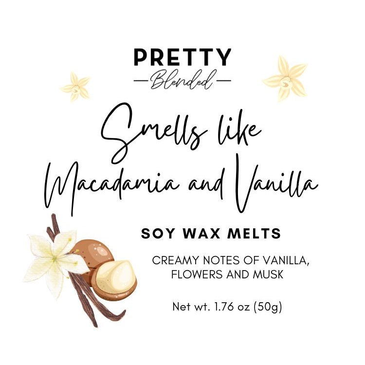 Label for soy wax melts with macadamia nut and vanilla bean illustration on a white background