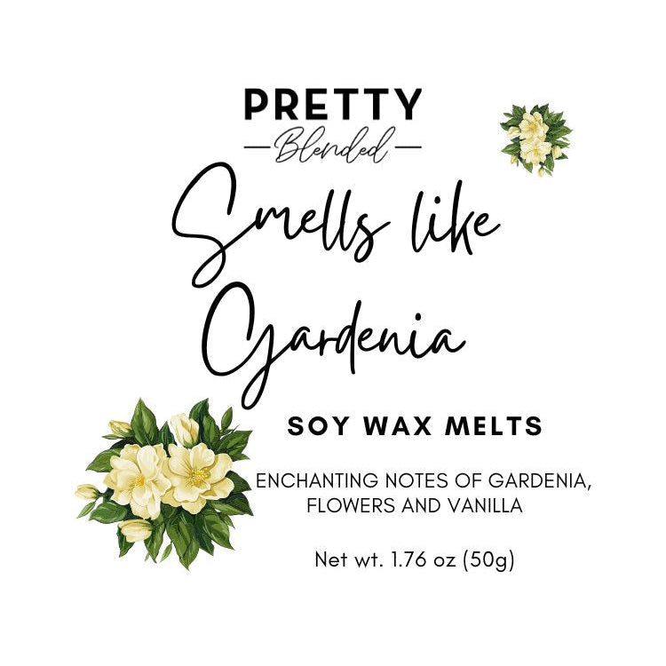 Label for soy wax melts with gardenia flowers and text on a white background