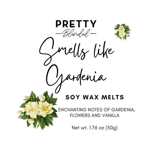 Label for soy wax melts with gardenia flowers and text on a white background