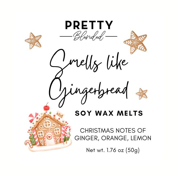 Label for soy wax melts with gingerbread house illustration and text about scent and notes.
