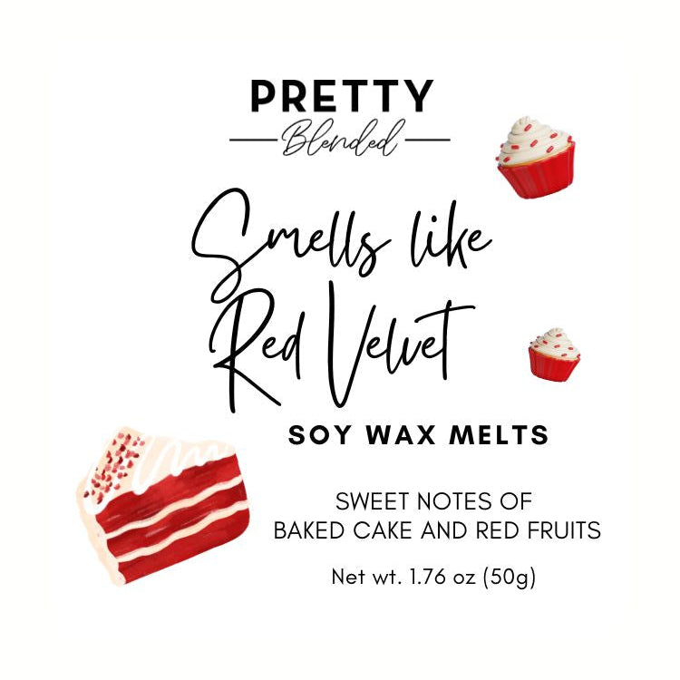 Label for soy wax melts labeled 'Pretty Blended' with red velvet flavor description.