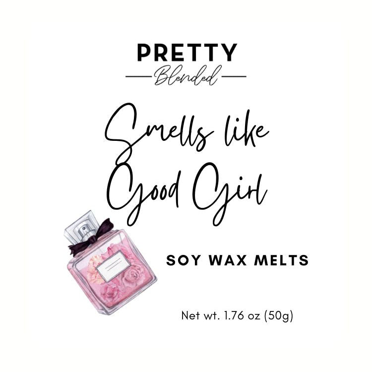 Soy wax melts packaging with a pink bottle and text on a white background