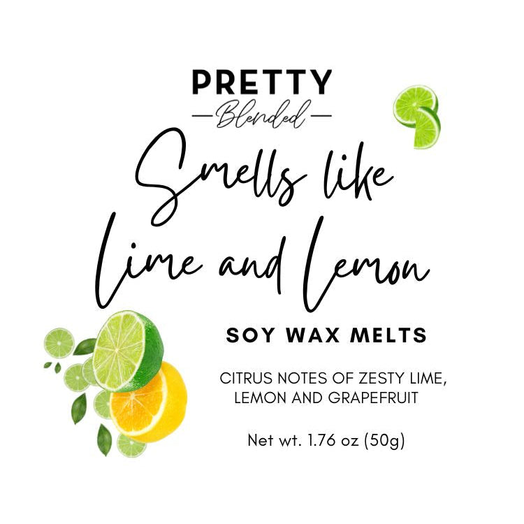 Label for soy wax melts with lime and lemon graphics and text.