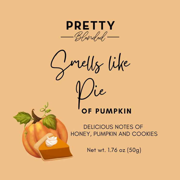 Soy wax melts label for 'Pretty Blended Smells like Pie of Pumpkin' with a pumpkin and pie illustration on a beige background.