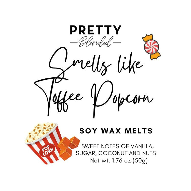 Soy wax melts packaging with popcorn and candy illustrations on a white background