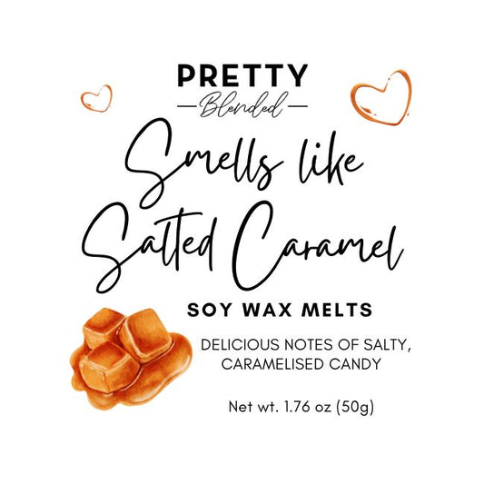 Soy wax melts packaging with salted caramel flavor description and brand name.