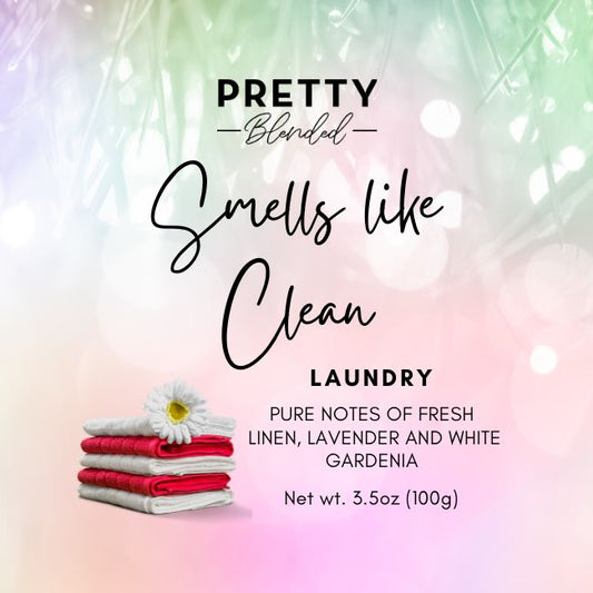 Soy wax melts packaging with text 'Pretty Blended' and 'Smells like Clean Laundry', featuring a flower and soap bars on a colorful background.