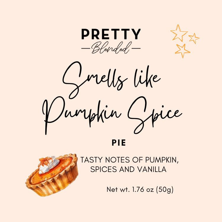 soy wax melts packaging with text 'Pretty Blended Smells like Pumpkin Spice Pie' and a small illustration of a pumpkin pie