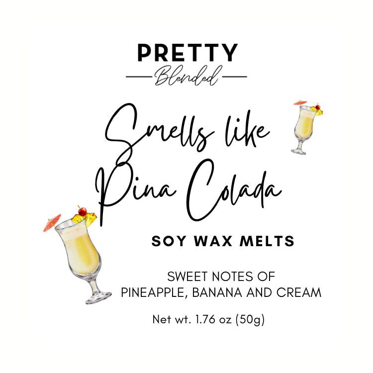 Label image for soy wax melts labeled 'Pretty Blended' with a Pina Colada theme.