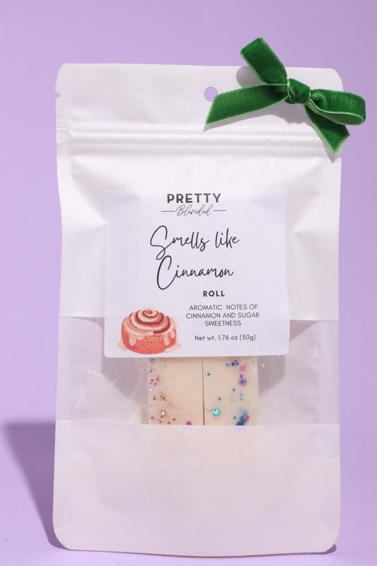 Soy wax melts packaged with a label on a white background