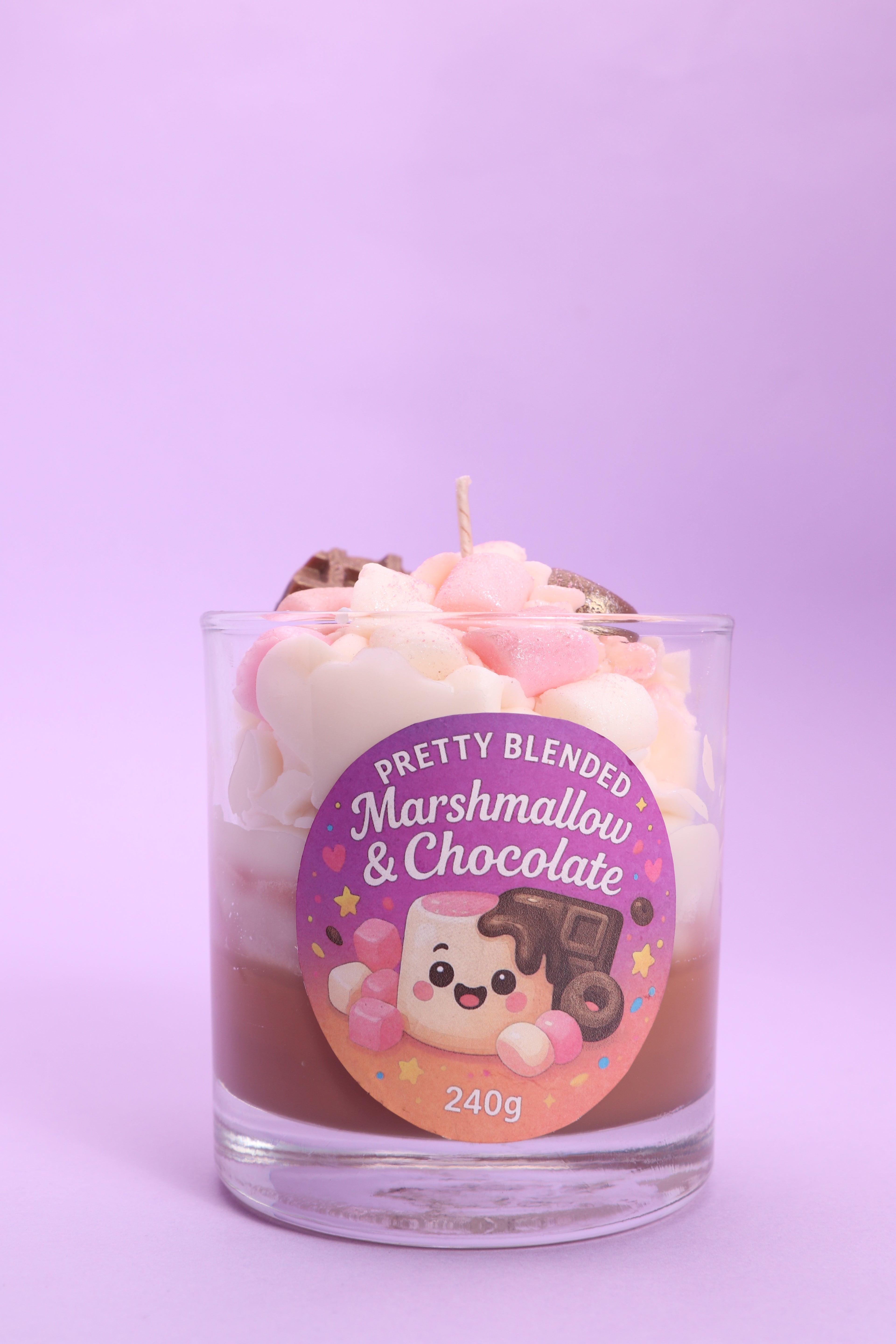 Soy wax candle in a glass with marshmallow and chocolate scent